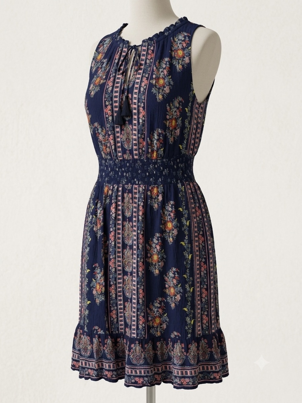 Bila Navy Blue Floral Boho Dress Size XXL Smocked Waist Sleeveless Midi